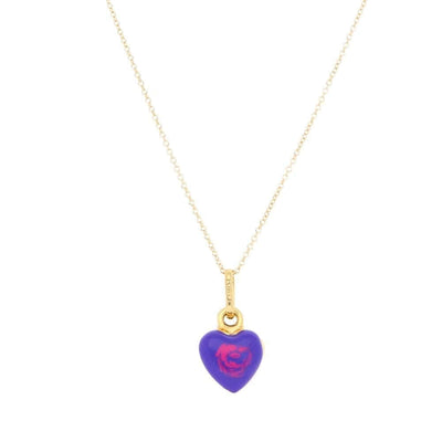 14k Yellow Gold Purple Enamel Heart Pendant 1mm Cable Chain Necklace 16-18"
