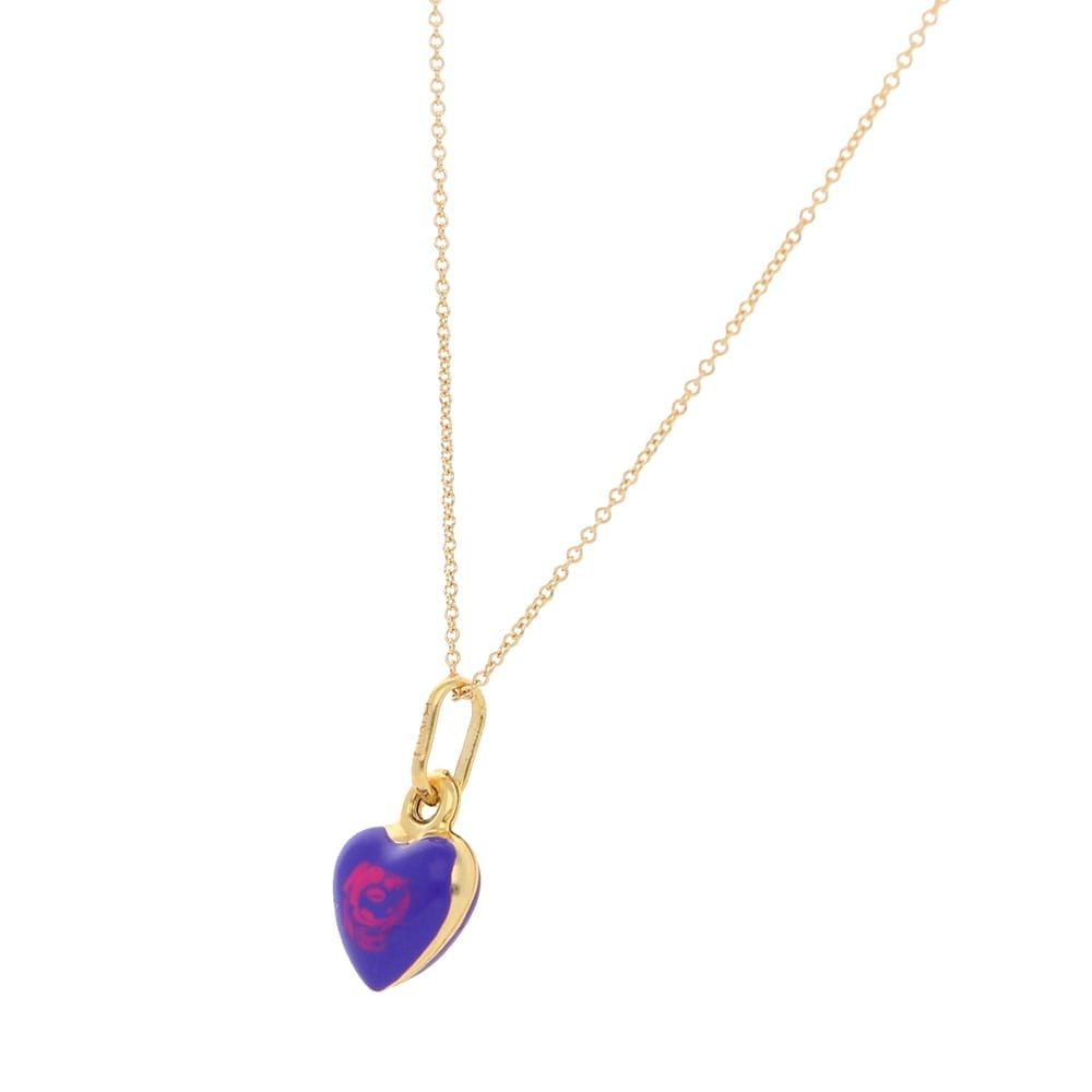 14k Yellow Gold Purple Enamel Heart Pendant 1mm Cable  Chain Necklace 16-18"