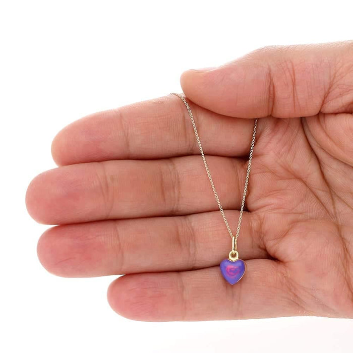 14k Yellow Gold Purple Enamel Heart Pendant 1mm Cable Chain Necklace 16-18"