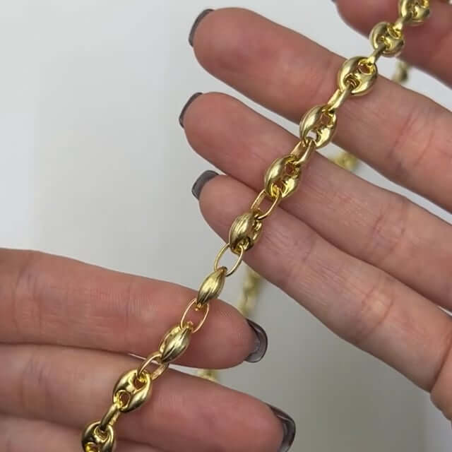 18K Yellow Gold Over Silver 7mm Puffed Anchor Mariner Chain (Solid Links) 16" - 24" - WJD Exclusives