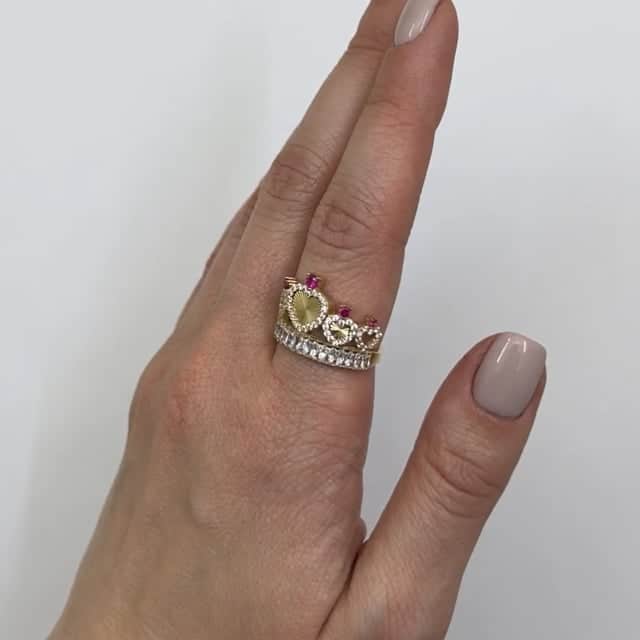 14K Gold Yellow CZ Ruby Heart Crown Ring