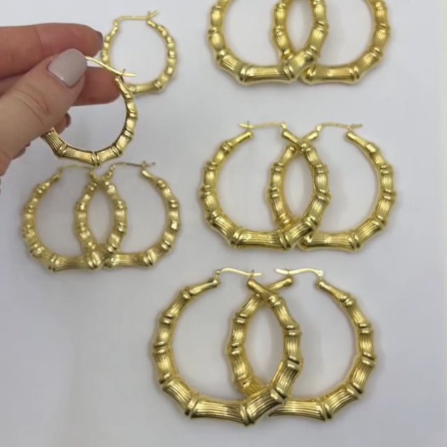 18K Yellow Gold Over Sterling Silver Hoop Bamboo Earrings 35mm-70mm
