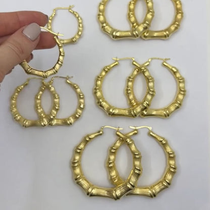 18K Yellow Gold Over Sterling Silver Hoop Bamboo Earrings 35mm-70mm