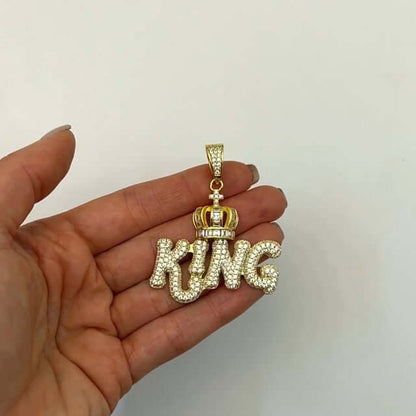 18K Gold Over Silver CZ Pave Puffed KING Crown Pendant