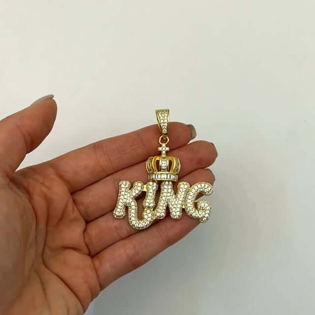 18K Gold Over Silver CZ Pave Puffed KING Crown Pendant - WJD Exclusives