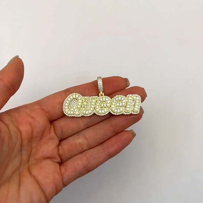 18K Yellow Gold Over Silver CZ Pave QUEEN Pendant