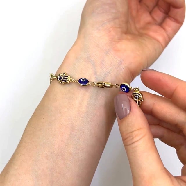 14K Gold Yellow Blue Evil Eye Hamsa Hand Bracelet 7.5"