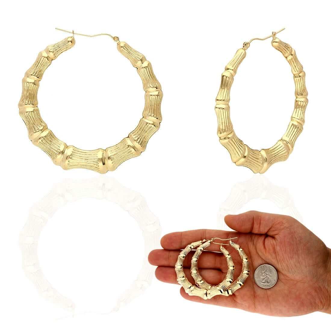 10K Yellow Gold Bamboo Hoop Earrings 17-85mm