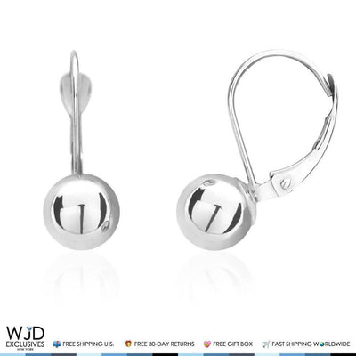 14K White Gold 7mm Ball Lever Back Earrings 19mm
