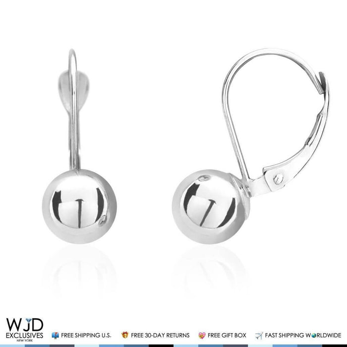 14K White Gold 7mm Ball Lever Back Earrings 19mm