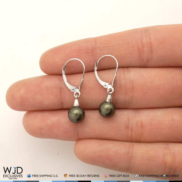 7mm Black Pearl Dangle Drop Leverback Earrings 14K White Gold