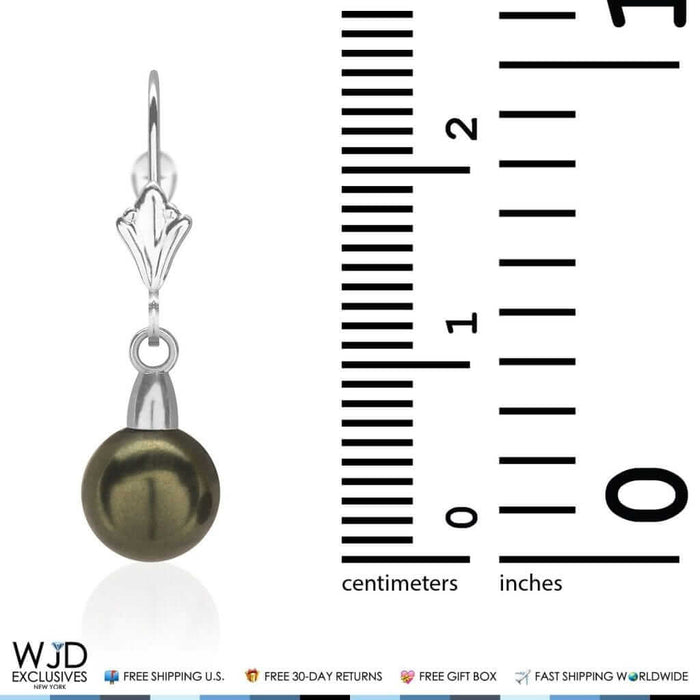 7mm Black Pearl Dangle Drop Leverback Earrings 14K White Gold