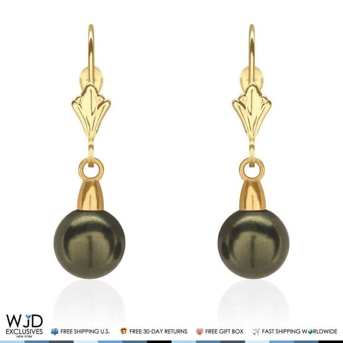 7mm Diameter Black Pearl Dangle Drop Leverback Earrings 14K Yellow Gold