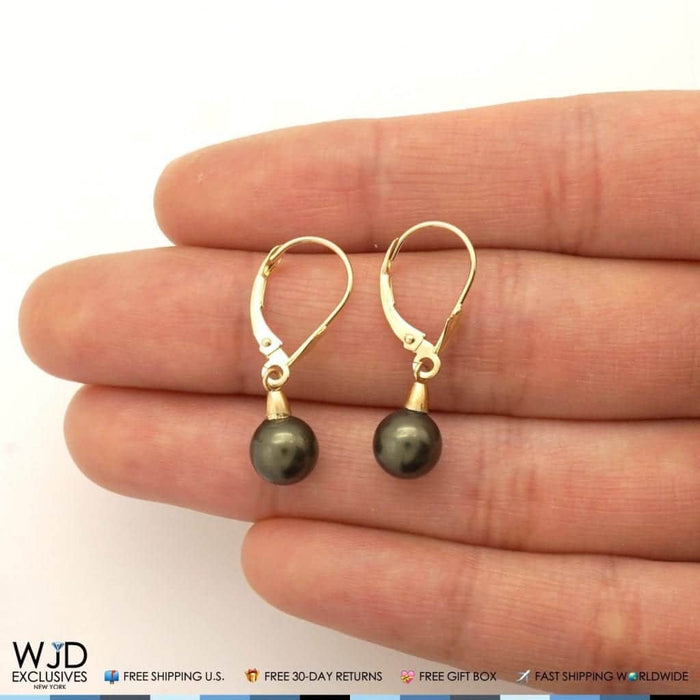 7mm Diameter Black Pearl Dangle Drop Leverback Earrings 14K Yellow Gold