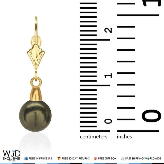 7mm Diameter Black Pearl Dangle Drop Leverback Earrings 14K Yellow Gold
