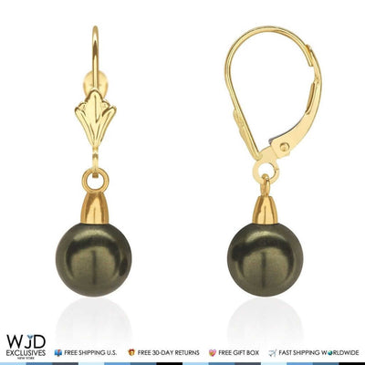 7mm Diameter Black Pearl Dangle Drop Leverback Earrings 14K Yellow Gold