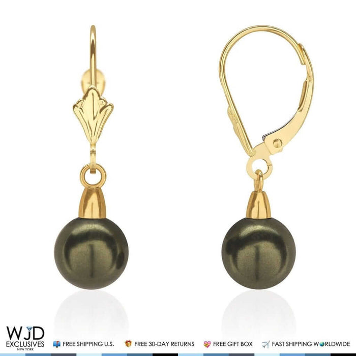 7mm Diameter Black Pearl Dangle Drop Leverback Earrings 14K Yellow Gold