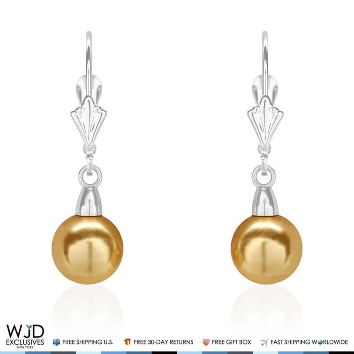 7mm Yellow Pearl Dangle Drop Leverback Earrings 14K White Gold