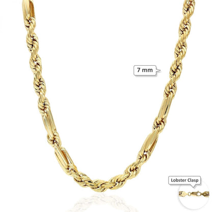 10K Solid Gold Diamond-Cut 4-8mm Milano Hollow Figaro Rope Chain Necklace 20-32"