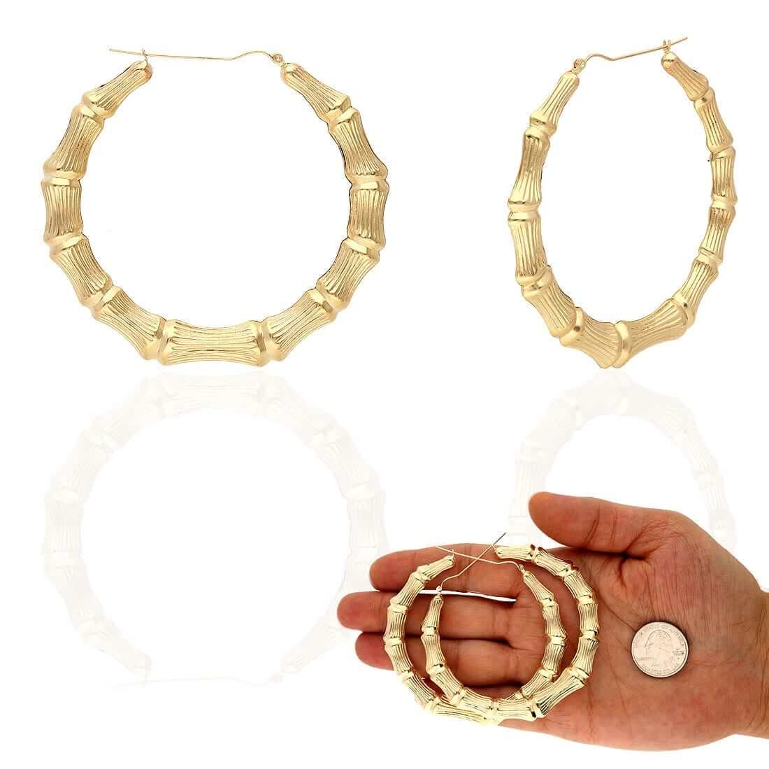 10K Yellow Gold Bamboo Hoop Earrings 17-85mm