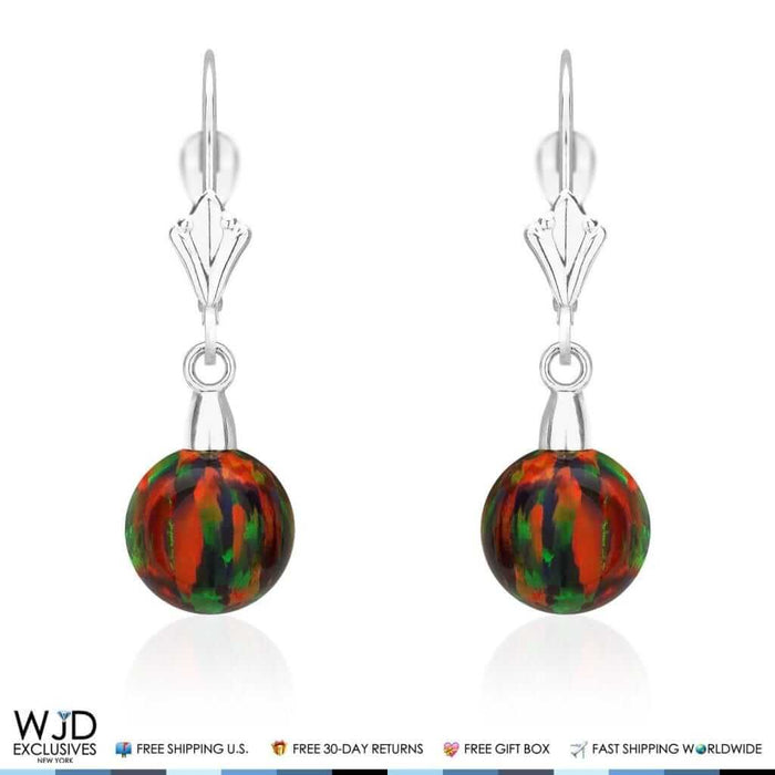 8mm Ball Shaped Black Fire Opal Dangle Leverback Earrings 14K White Gold