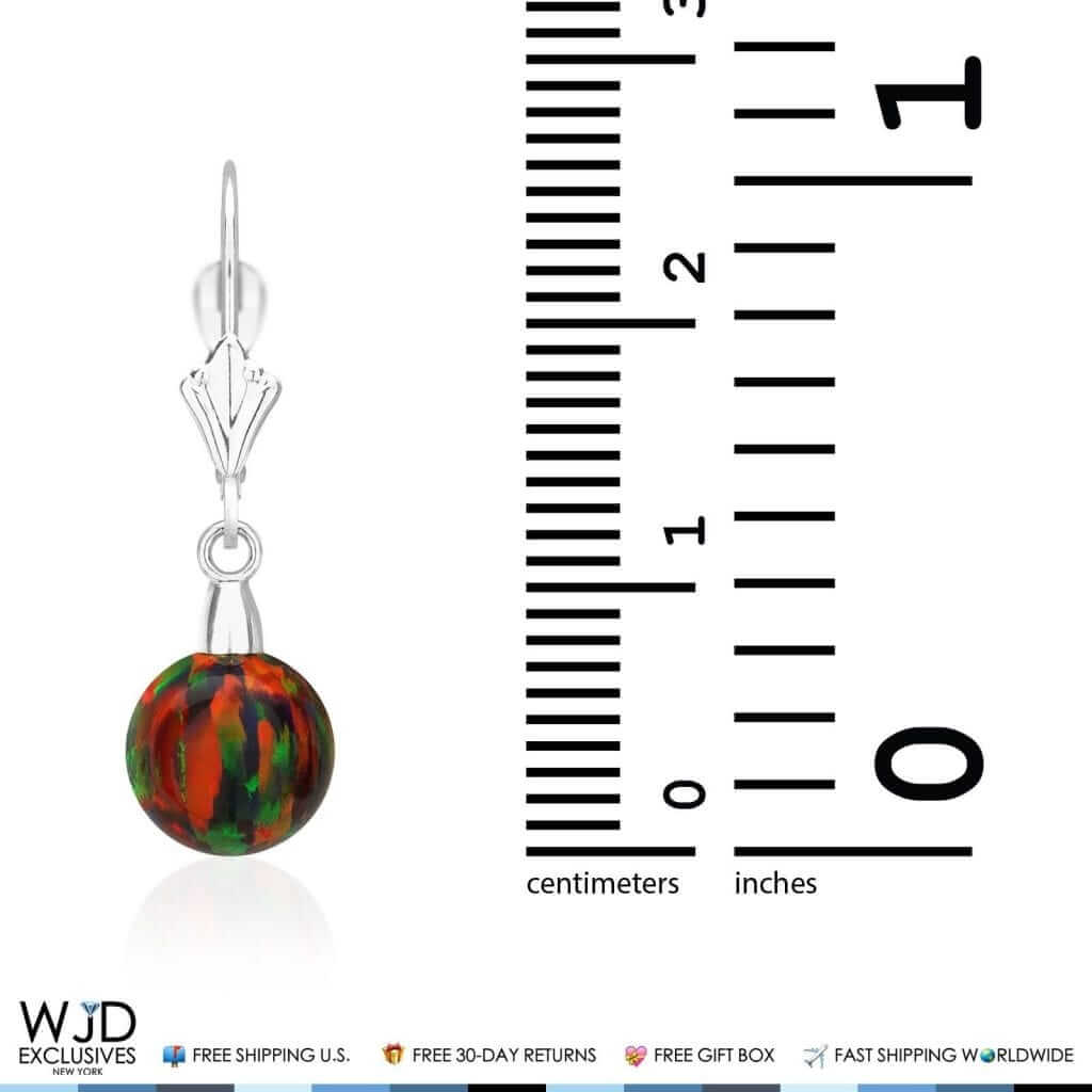 8mm Ball Shaped Black Fire Opal Dangle Leverback Earrings 14K White Gold