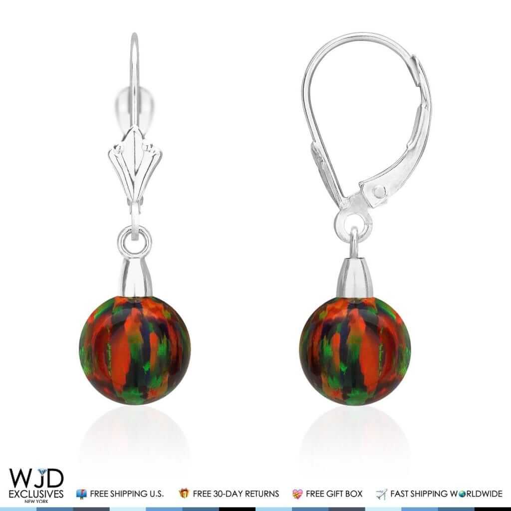 8mm Ball Shaped Black Fire Opal Dangle Leverback Earrings 14K White Gold