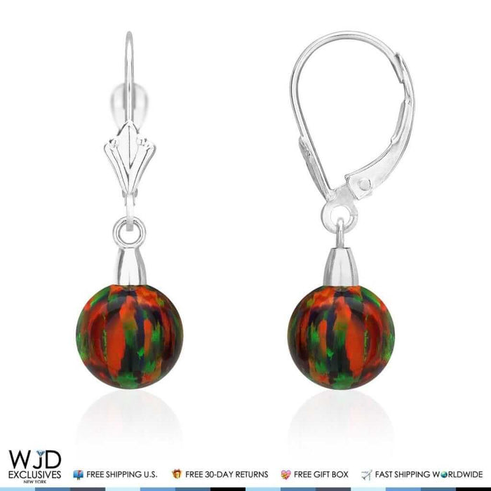 8mm Ball Shaped Black Fire Opal Dangle Leverback Earrings 14K White Gold