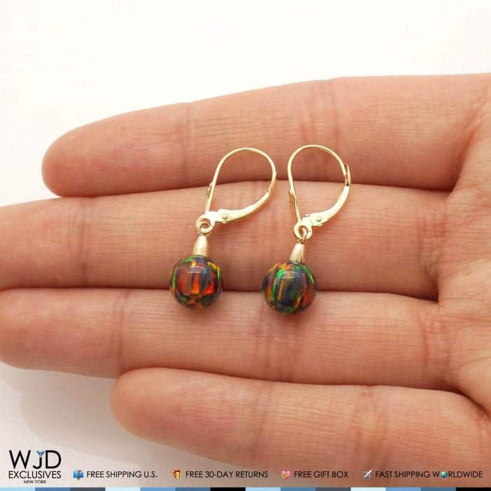 6mm-10mm Ball Shaped Black Fire Opal Dangle Leverback Earrings 14K Yellow Gold