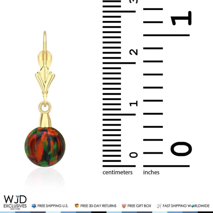 6mm-10mm Ball Shaped Black Fire Opal Dangle Leverback Earrings 14K Yellow Gold