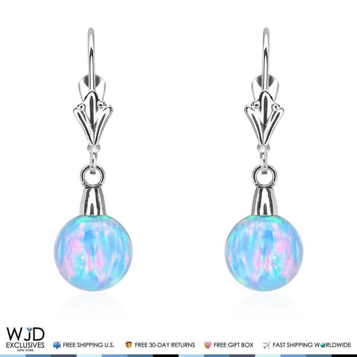 8mm Ball Shaped Blue Fire Opal Leverback Dangle Earrings 14K White Gold