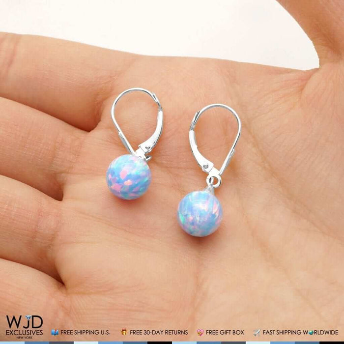 8mm Ball Shaped Blue Fire Opal Leverback Dangle Earrings 14K White Gold