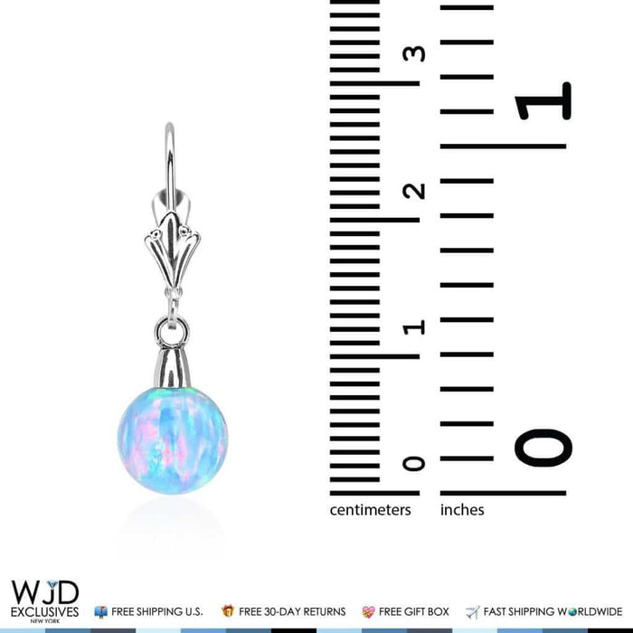 8mm Ball Shaped Blue Fire Opal Leverback Dangle Earrings 14K White Gold