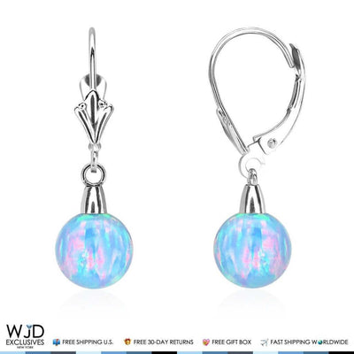 8mm Ball Shaped Blue Fire Opal Leverback Dangle Earrings 14K White Gold