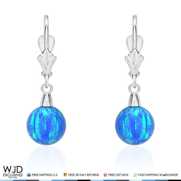 8mm Ball Shaped Blue Fire Opal Leverback Dangle Earrings 14K White Gold