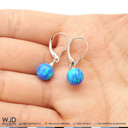 8 mm Ball Shaped Blue Fire Opal Leverback Dangle Earrings 14K Solid White Gold