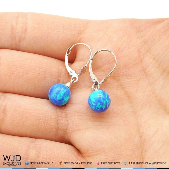 8mm Ball Shaped Blue Fire Opal Leverback Dangle Earrings 14K White Gold