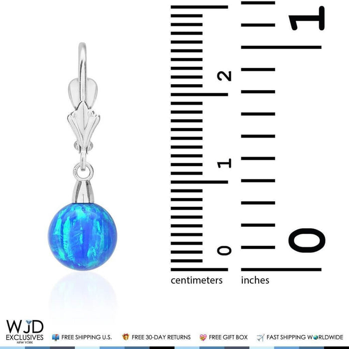 8mm Ball Shaped Blue Fire Opal Leverback Dangle Earrings 14K White Gold