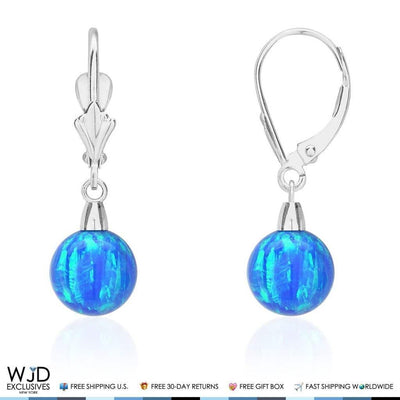 8mm Ball Shaped Blue Fire Opal Leverback Dangle Earrings 14K White Gold