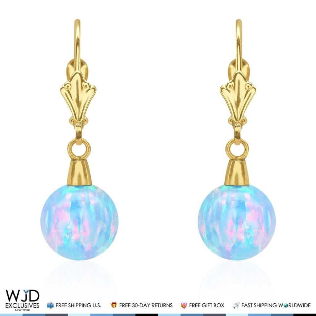 8mm Ball Shaped Blue Fire Opal Leverback Dangle Earrings 14K Yellow Gold