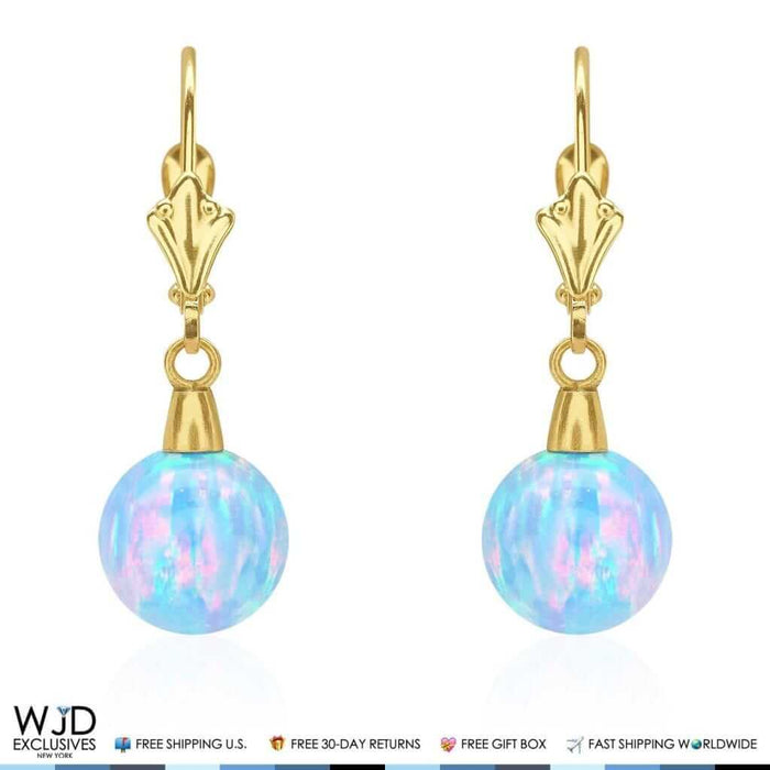 8mm Ball Shaped Blue Fire Opal Leverback Dangle Earrings 14K Yellow Gold