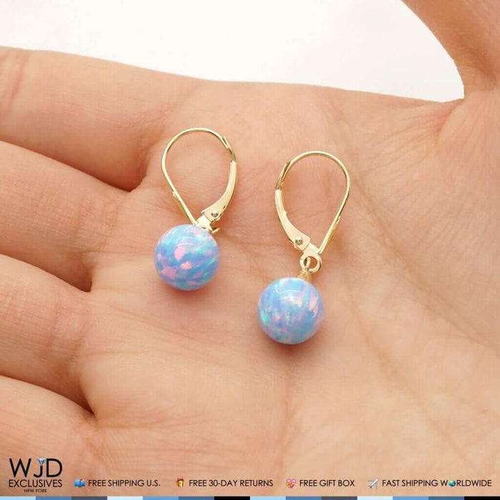 8mm Ball Shaped Blue Fire Opal Leverback Dangle Earrings 14K Yellow Gold