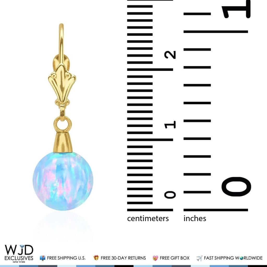 8mm Ball Shaped Blue Fire Opal Leverback Dangle Earrings 14K Yellow Gold