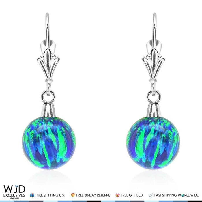 6mm-10mm Ball Blue Green Fire Opal Leverback Dangle Earrings 14K White Gold