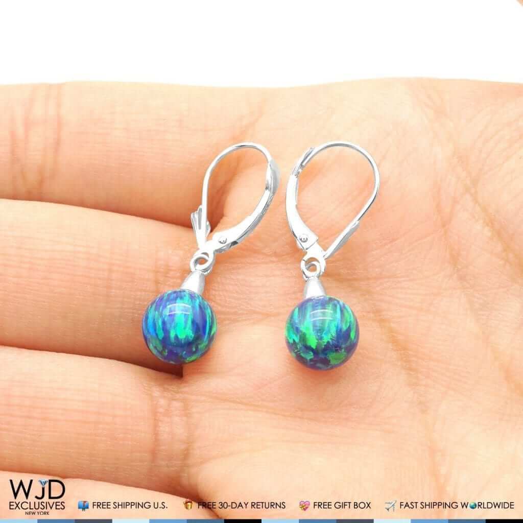 6mm-10mm Ball Blue Green Fire Opal Leverback Dangle Earrings 14K White Gold