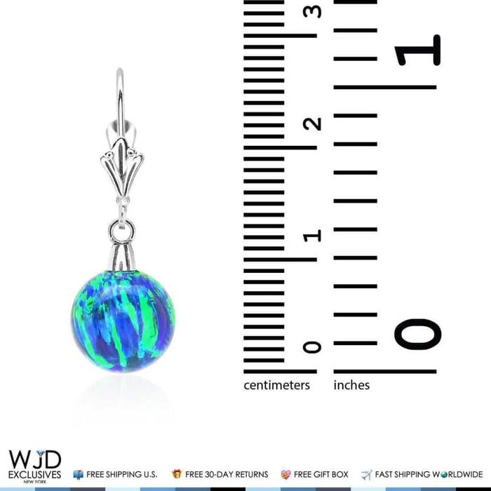 6mm-10mm Ball Blue Green Fire Opal Leverback Dangle Earrings 14K White Gold