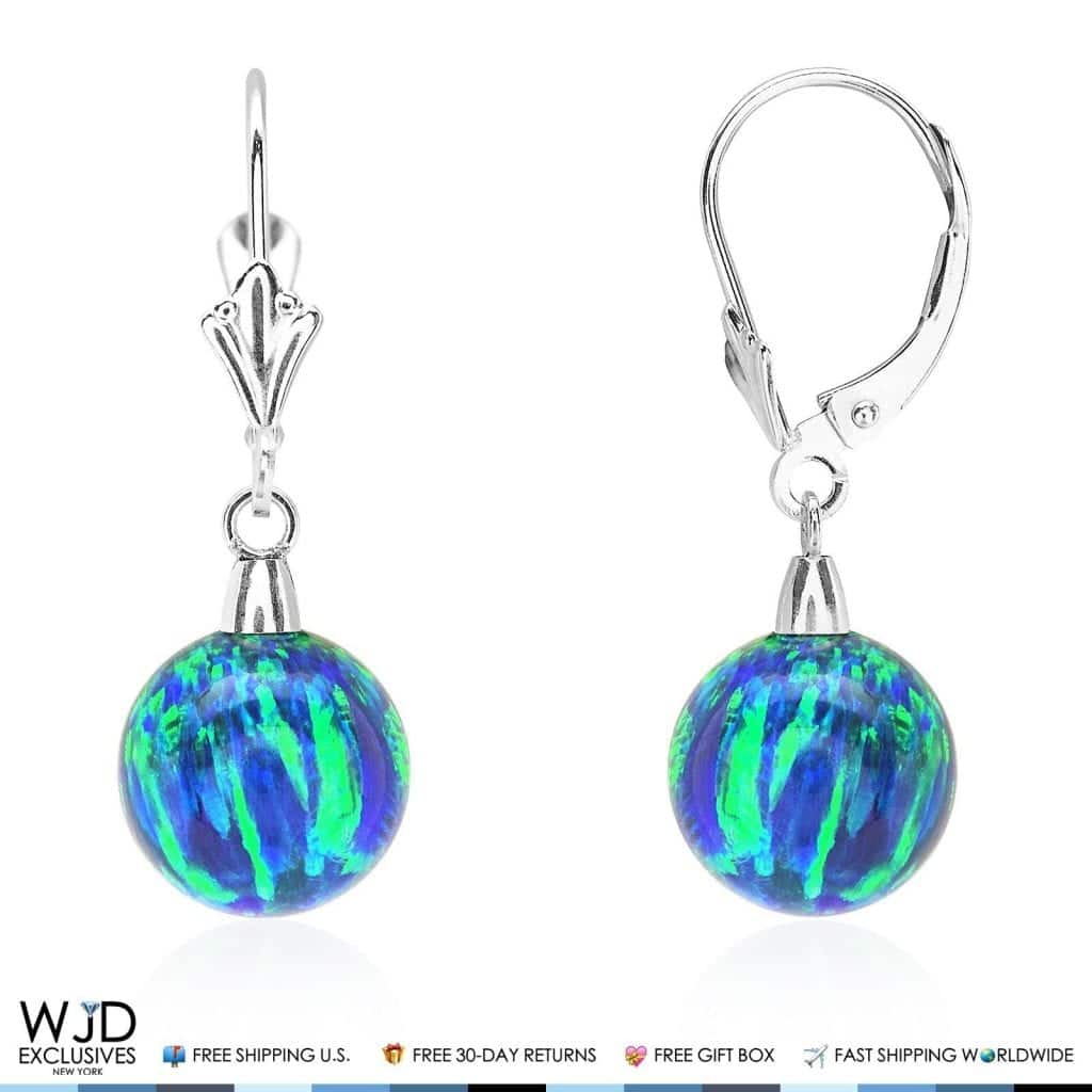 6mm-10mm Ball Blue Green Fire Opal Leverback Dangle Earrings 14K White Gold