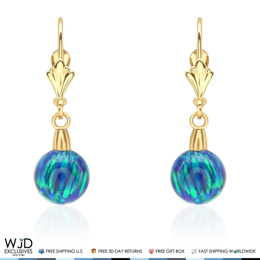 8 mm Ball Shaped Blue Green Fire Opal Leverback Dangle Earrings 14K Yellow Gold