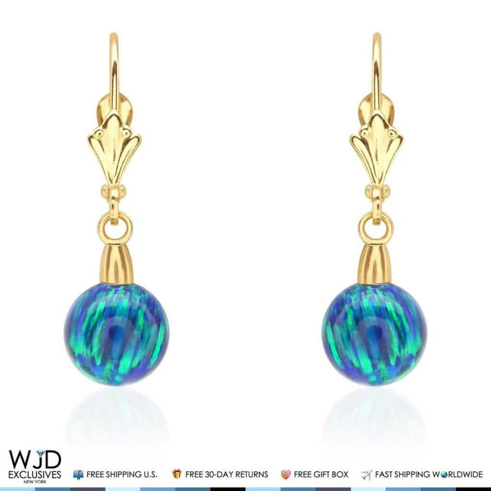 8mm Ball Shaped Blue Green Fire Opal Leverback Dangle Earrings 14K Yellow Gold