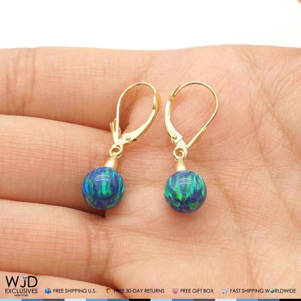 8 mm Ball Shaped Blue Green Fire Opal Leverback Dangle Earrings 14K Yellow Gold